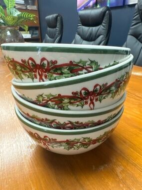 Traditions Holly Christopher Radko 6” Ribbon Ceramic Serving Bowls - Set of 4